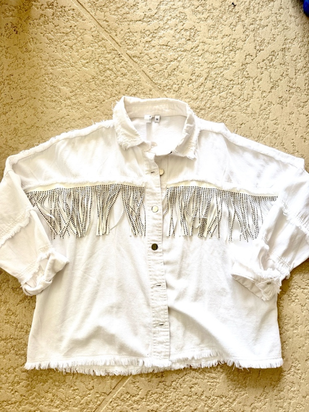 Elan White Fringe Distressed Denim Jacket